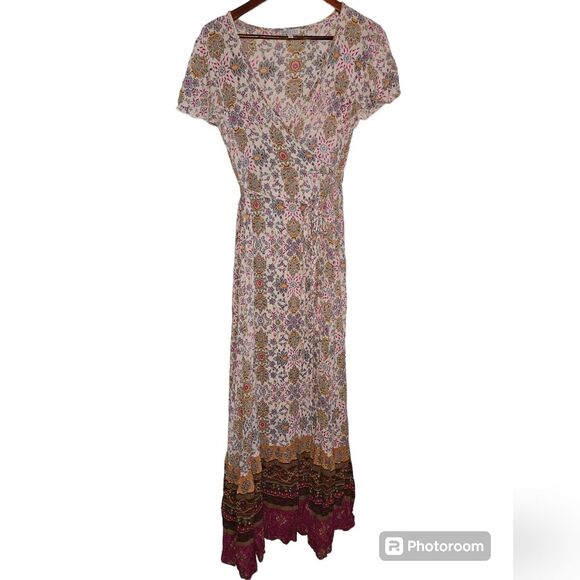 Patrons of Peace Boho Cream Floral Print True Wrap Maxi Dress Short Sleeve - M - Picture 1 of 7